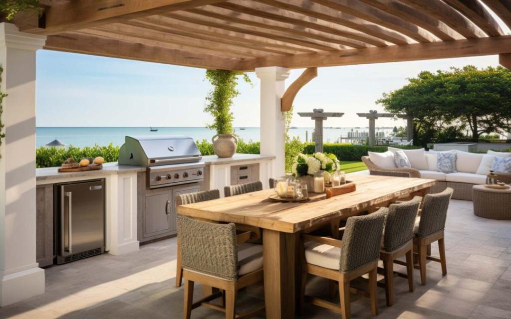 Outdoor kitchen and living spaces at a coastal home on the Southeastern Coast (Charleston, SC)