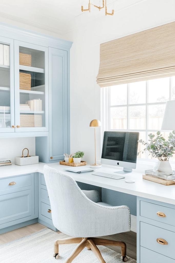 light blue filing cabinets under desk in a coastal home office