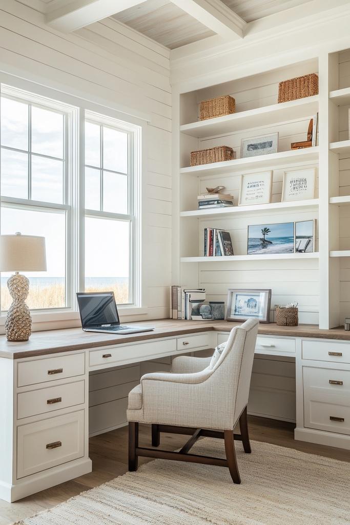 Vertical storage in a Home office incorporating a beachy aesthetic
