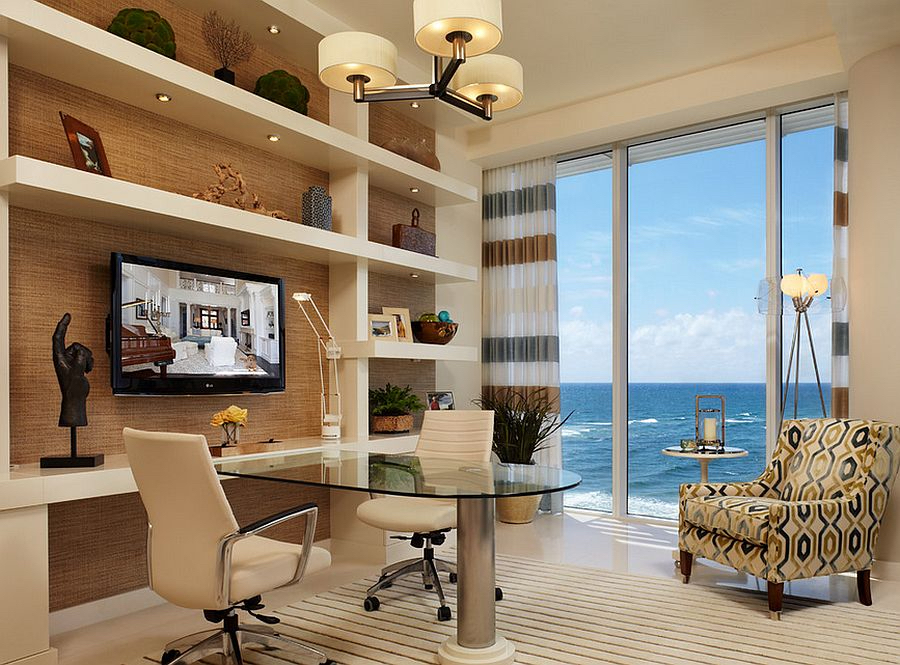 contemporary home office lighting in a coastal home with a spectacular view of the ocean