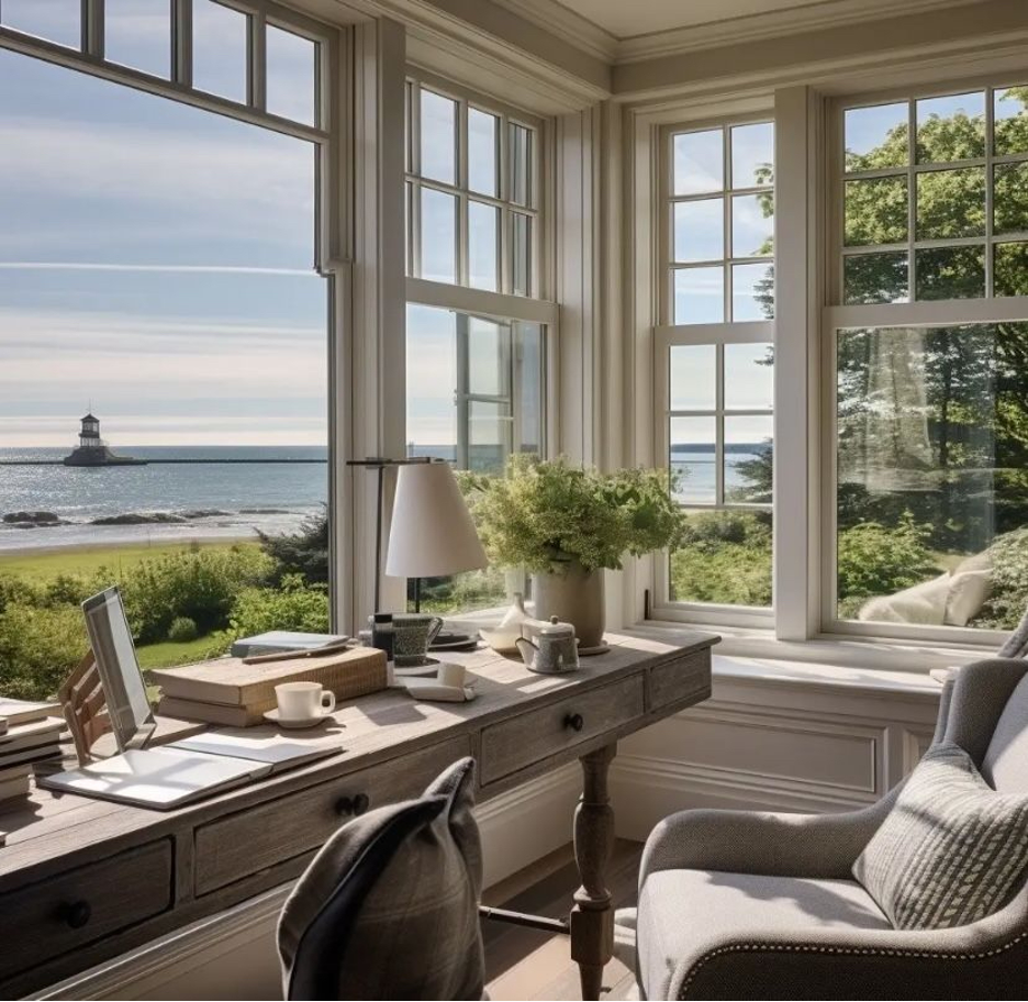 light-filled home office in a seaside home with a spectacular view of water and lighthouse beyond